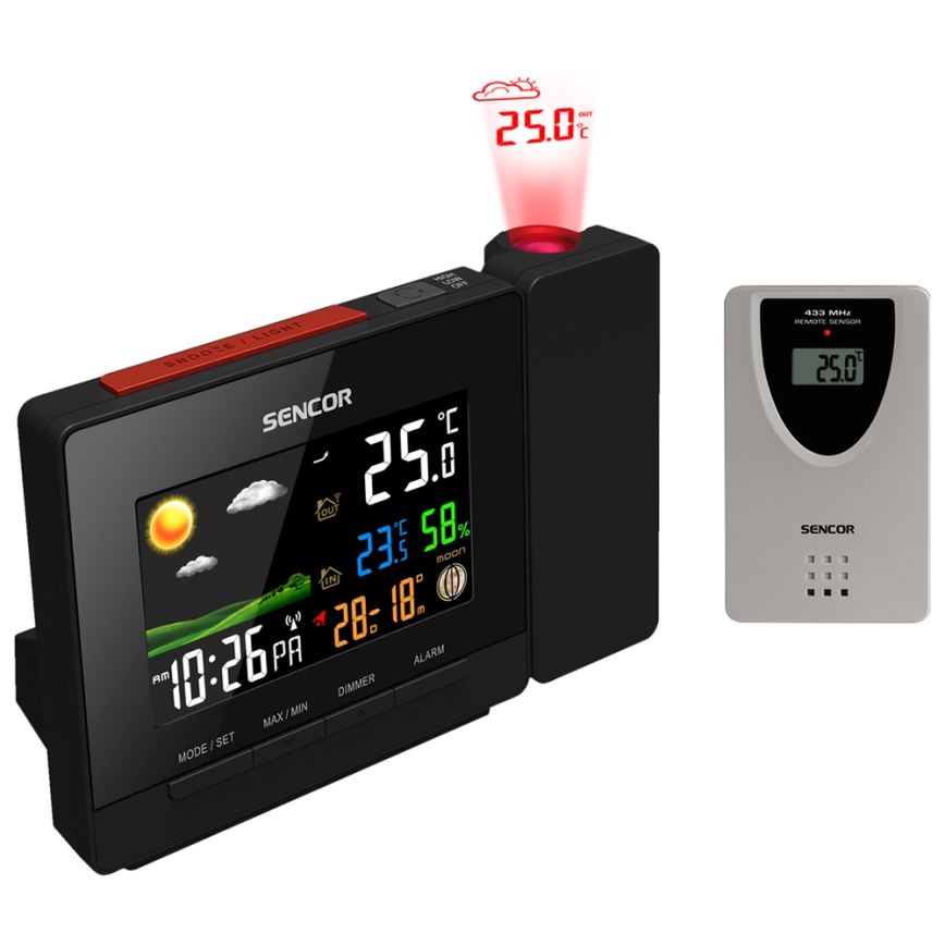 Sencor - Meteorološka stanica s LCD zaslonom u boji, budilicom i projektorom 2xAA + 2xAAA