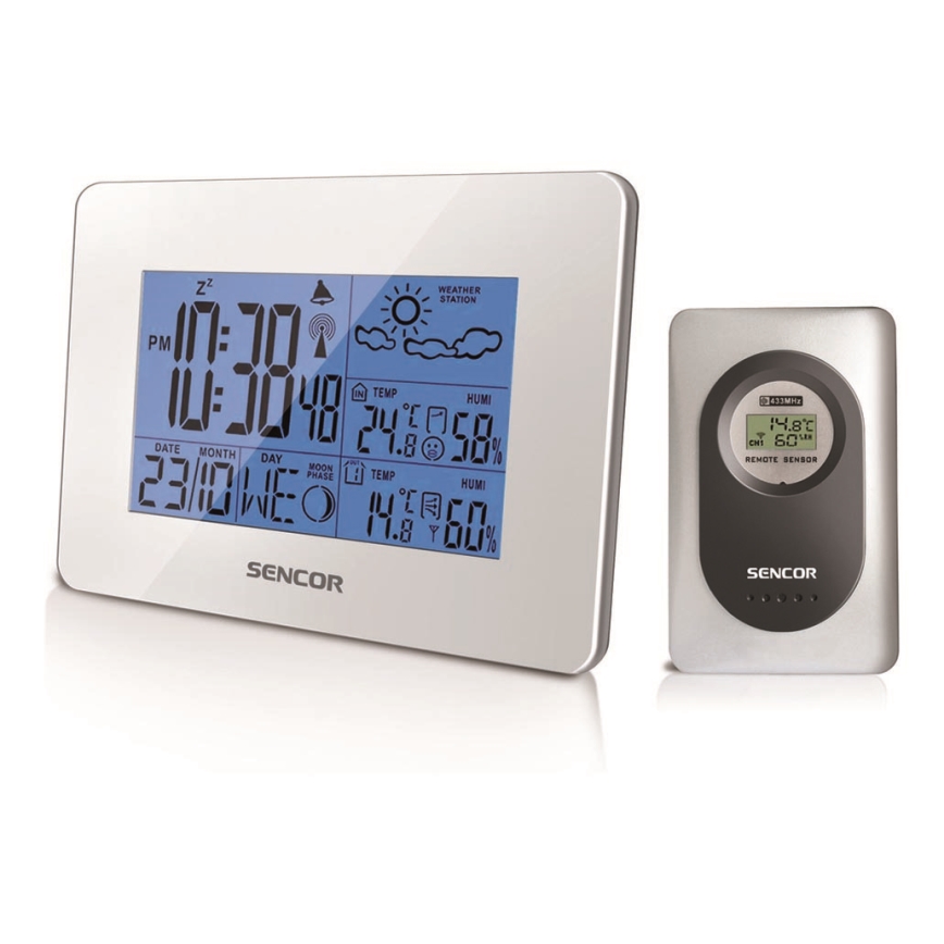 Sencor - Meteorološka stanica s LCD zaslonom i budilicom 3xAA + 2xAAA bijela