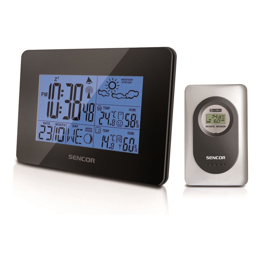 Sencor - Meteorološka stanica s LCD zaslonom i budilicom 3xAA + 2xAAA crna
