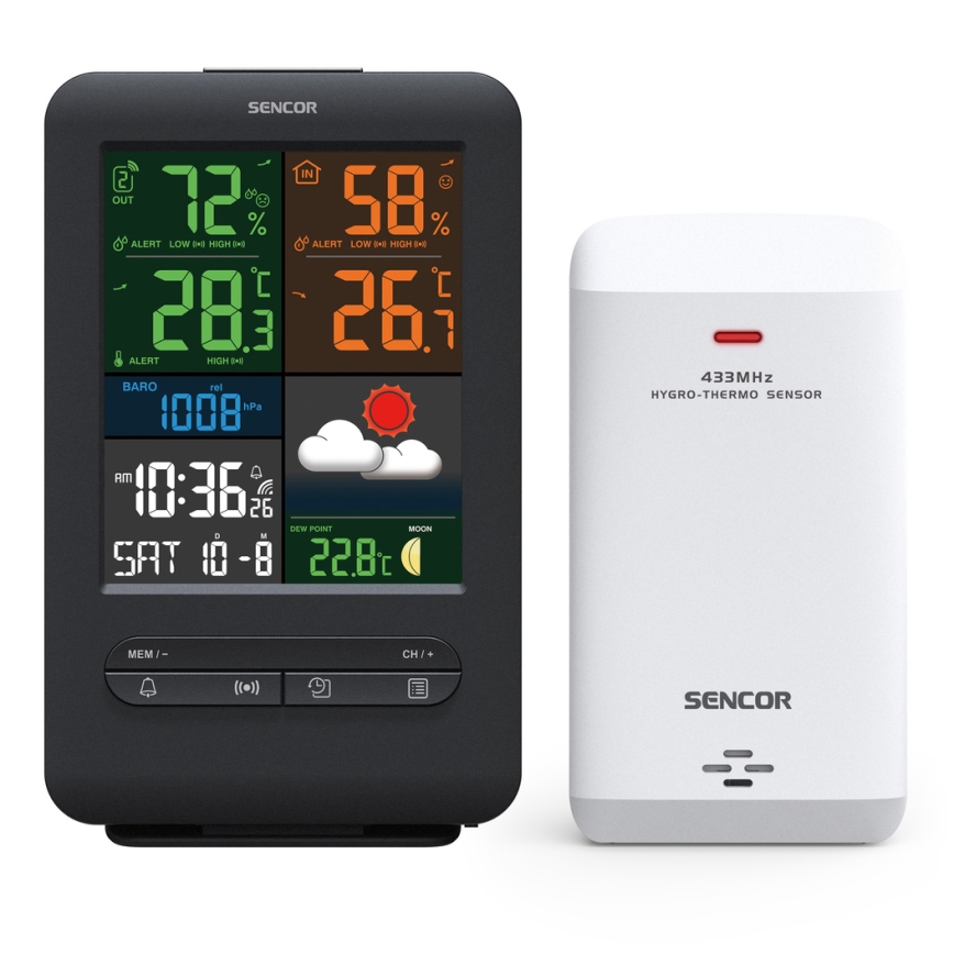 Sencor - Meteorološka stanica s LCD zaslonom u boji 5V/1xCR2032 + 2xAA