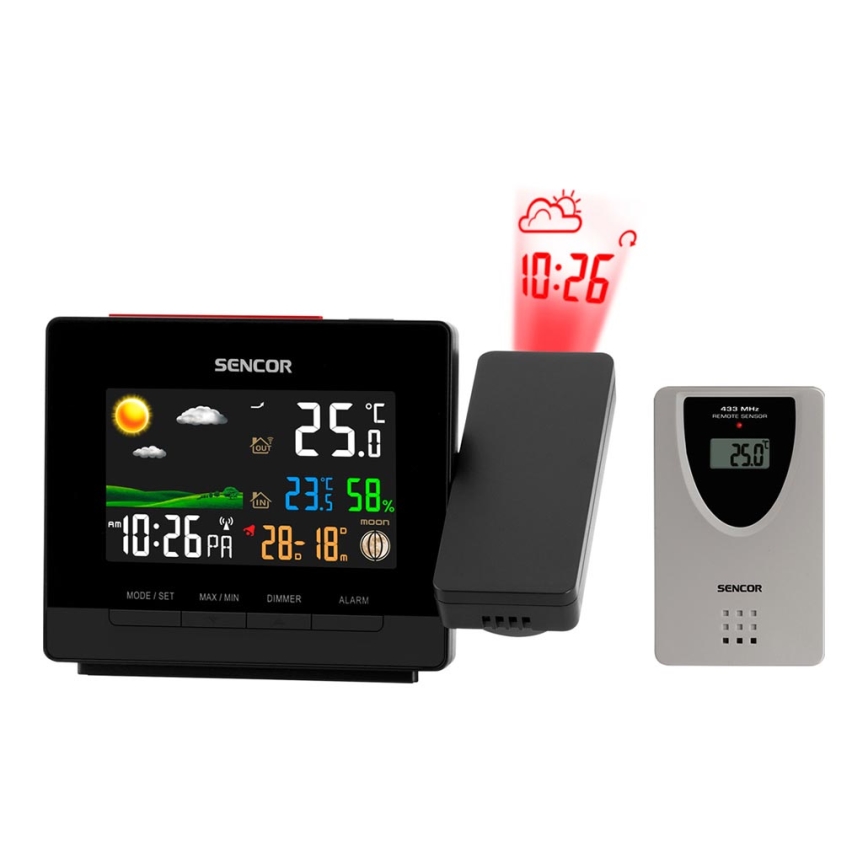 Sencor - Meteorološka stanica s LCD zaslonom u boji, budilicom i projektorom 2xAA + 2xAAA