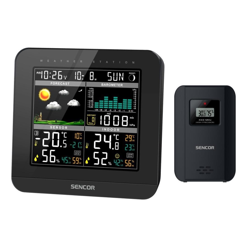 Sencor - Meteorološka stanica s LCD zaslonom u boji i budilicom 3xAAA + 2x AA crna