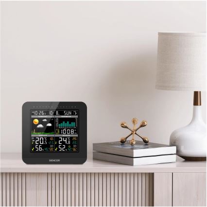 Sencor - Meteorološka stanica s LCD zaslonom u boji i budilicom 3xAAA + 2x AA crna