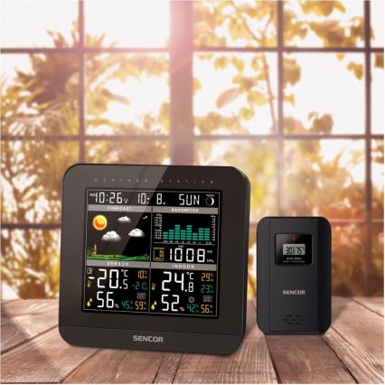 Sencor - Meteorološka stanica s LCD zaslonom u boji i budilicom 3xAAA + 2x AA crna