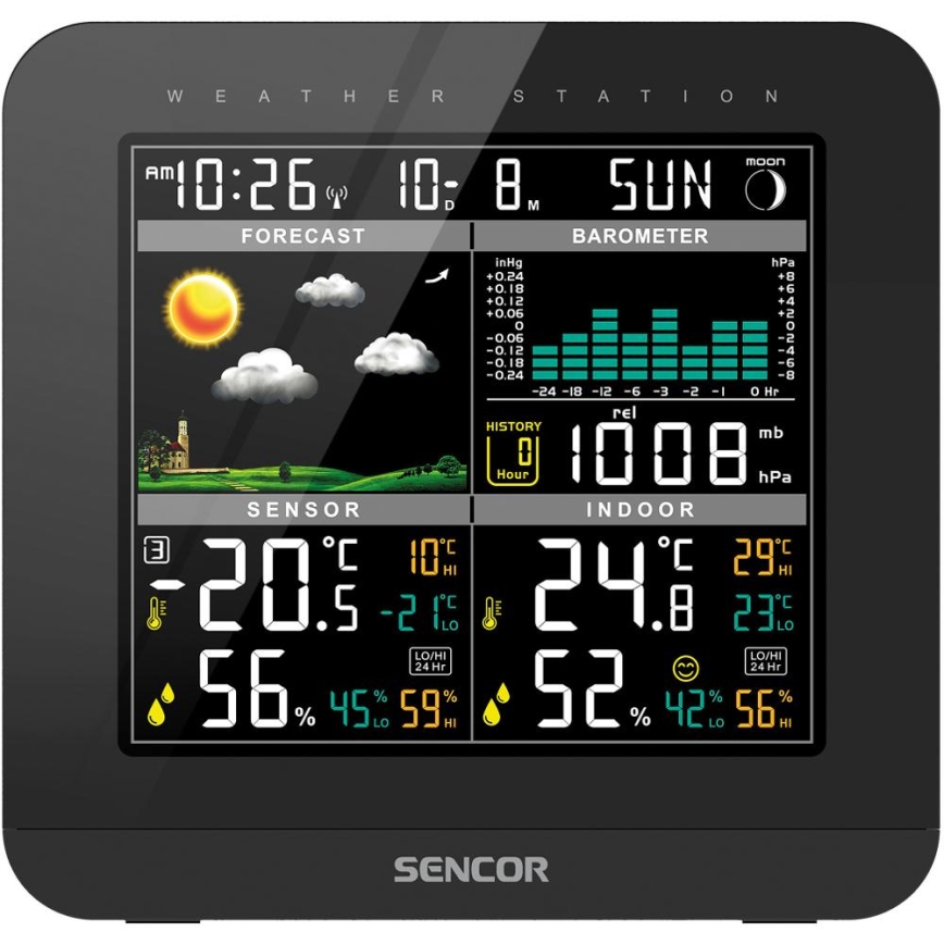 Sencor - Meteorološka stanica s LCD zaslonom u boji i budilicom 3xAAA + 2x AA crna