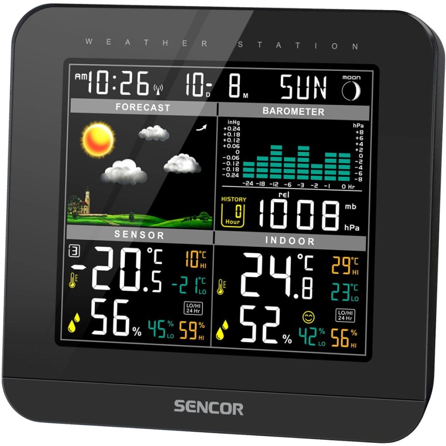 Sencor - Meteorološka stanica s LCD zaslonom u boji i budilicom 3xAAA + 2x AA crna