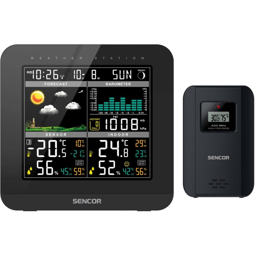 Sencor - Meteorološka stanica s LCD zaslonom u boji i budilicom 3xAAA + 2x AA crna