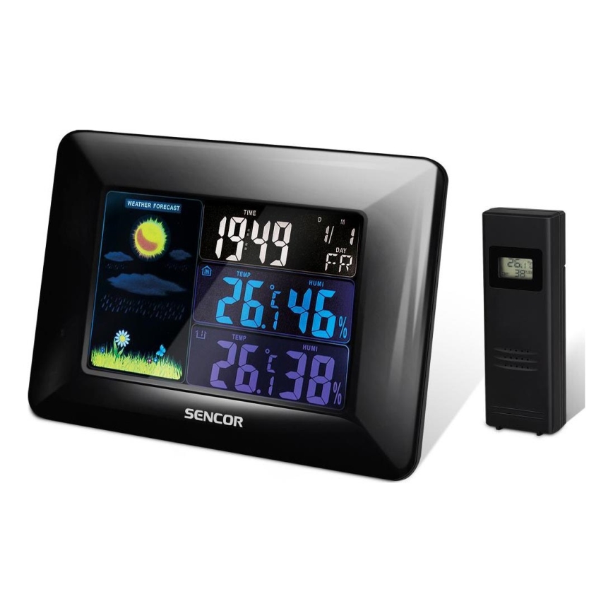 Sencor - Meteorološka stanica s LCD zaslonom u boji i budilicom 3xAAA + 2xAA crna