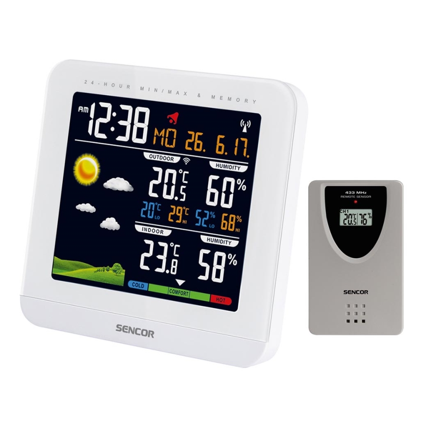 Sencor - Meteorološka stanica s LCD zaslonom u boji i budilicom 3xAAA + 2xAAA bijela
