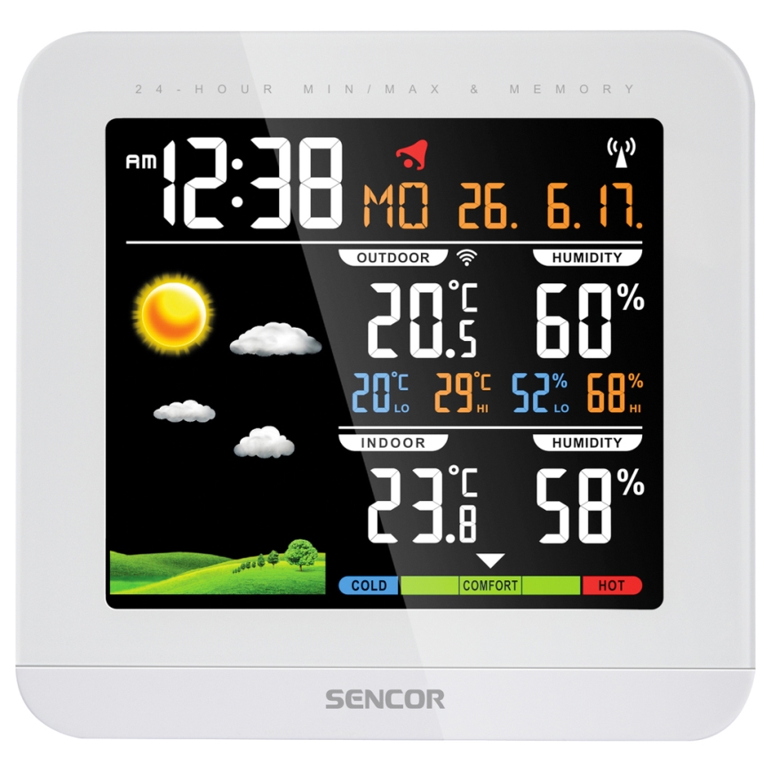 Sencor - Meteorološka stanica s LCD zaslonom u boji i budilicom 3xAAA + 2xAAA bijela