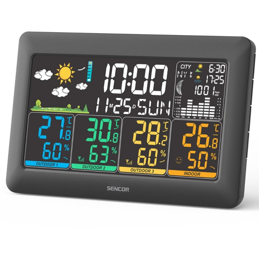 Sencor - Meteostanica s LCD zaslonom u boji + 3 senzora 3xAA + 6xAA crna
