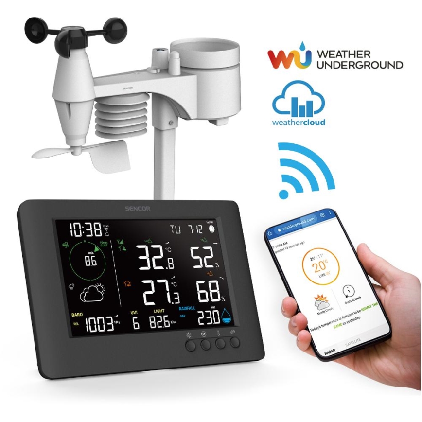 Sencor - Profesionalna meteorološka stanica s LCD zaslonom u boji i budilicom 5V/1xCR2032 + 3xAA Wi-Fi