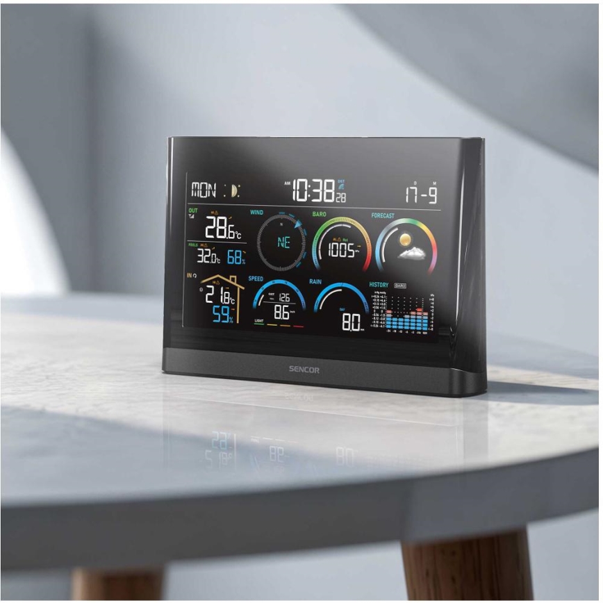 Sencor - Profesionalna meteorološka stanica s LCD zaslonom u boji i budilicom 5V/3xAAA + 3xAA