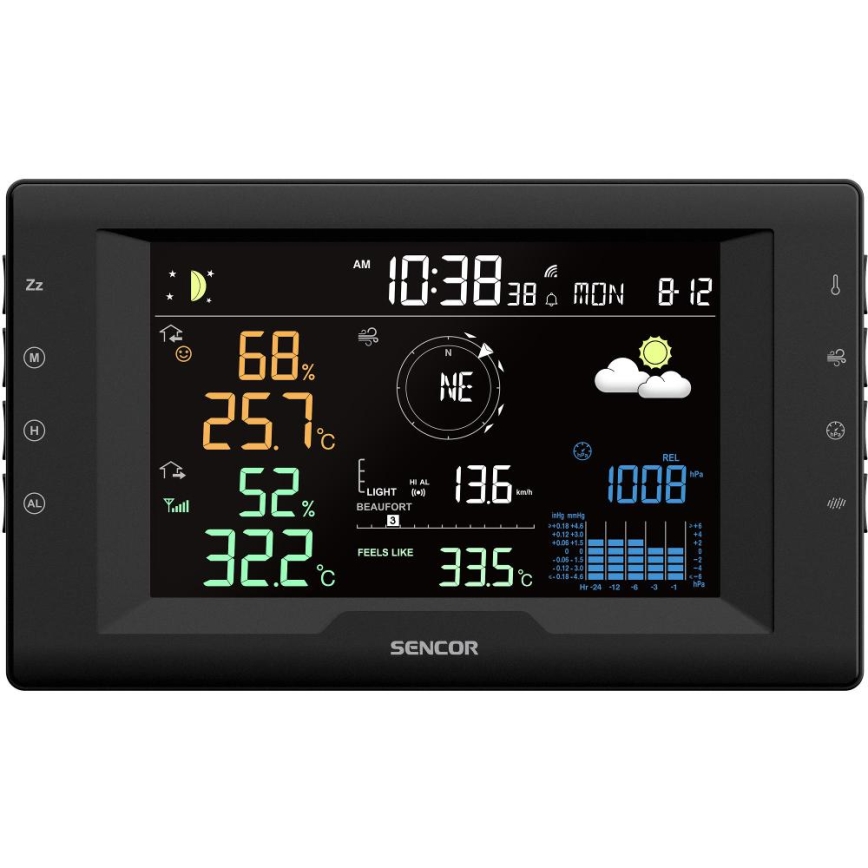 Sencor - Profesionalna meteorološka stanica s višebojnim LCD zaslonom i budilicom 5V/1xCR2032 + 3xAA