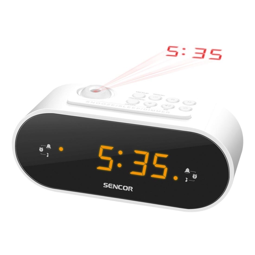 Sencor - Radio budilica s LED zaslonom i projektorom 5W/230V 1xCR2032 bijela