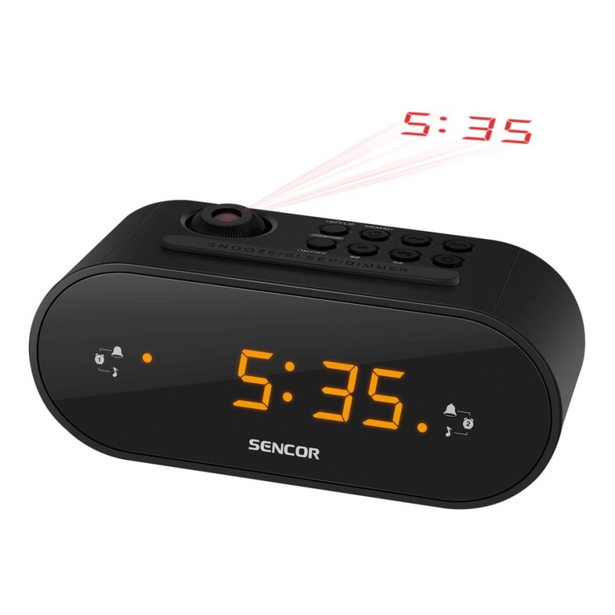 Sencor - Radio budilica s LED zaslonom i projektorom 5W/230V 1xCR2032 crna