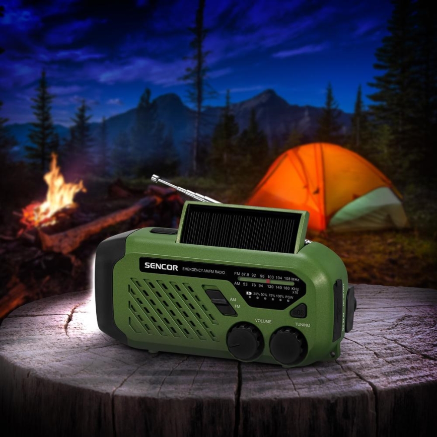 Sencor - Radio za kampiranje sa solarnim panelom i LED baterijskom svjetiljkom 5V/2000 mAh IPX4 zelena