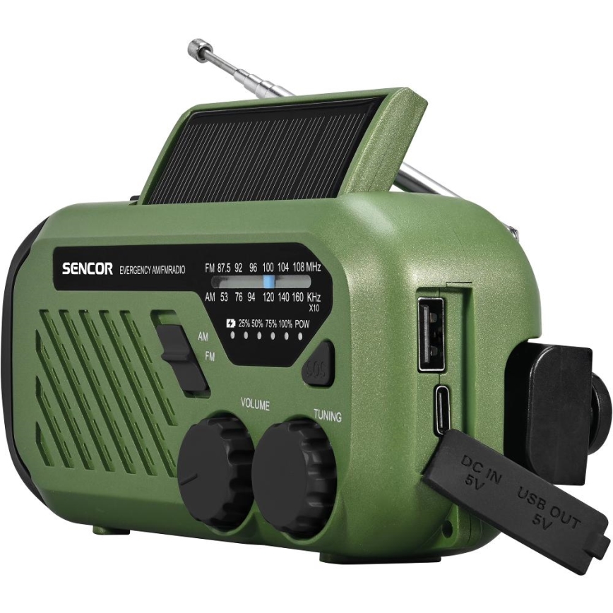 Sencor - Radio za kampiranje sa solarnim panelom i LED baterijskom svjetiljkom 5V/2000 mAh IPX4 zelena