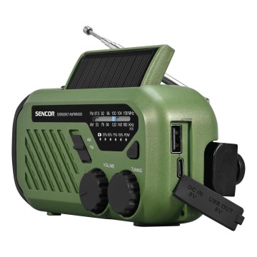 Sencor - Radio za kampiranje s ručkom za navijanje, solarnim panelom i LED svjetiljkom 5V/2000 mAh IPX4 zelena
