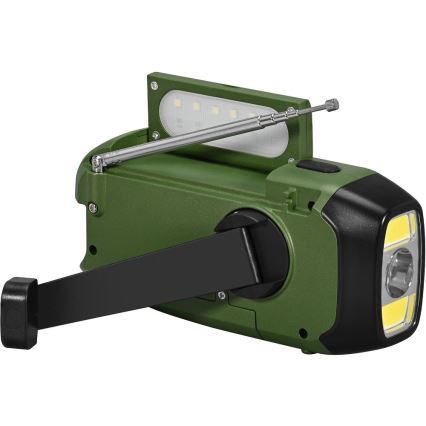 Sencor - Radio za kampiranje s ručkom za navijanje, solarnim panelom i LED svjetiljkom 5V/2000 mAh IPX4 zelena
