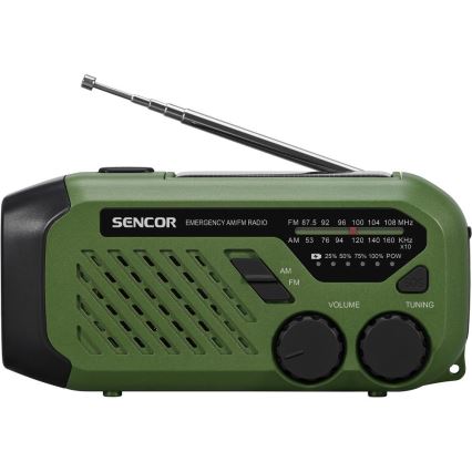 Sencor - Radio za kampiranje s ručkom za navijanje, solarnim panelom i LED svjetiljkom 5V/2000 mAh IPX4 zelena