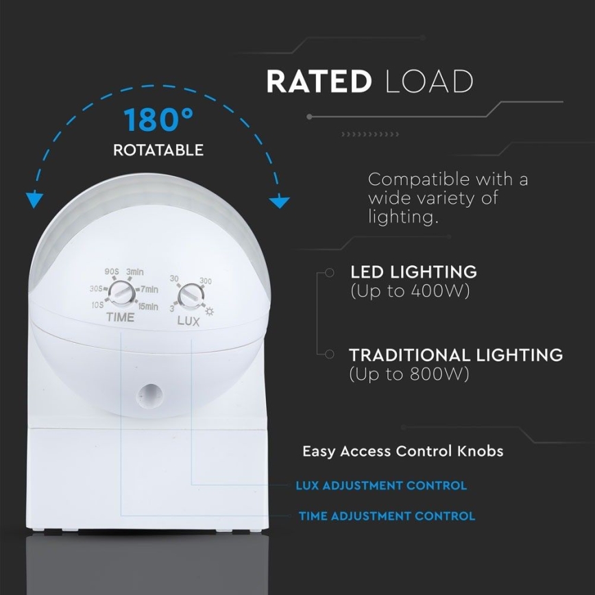 Senzor pokreta PIR 180° 800W/230V IP44 bijela