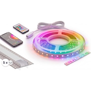 SET 1x LED RGBW traka s mogućnošću prigušivanja NEO LITE MUSIC LED/24W/230V 5 m IP65 Wi-Fi Tuya + 5x ugradni profil 1 m srebrni/bijeli + daljinski upravljač