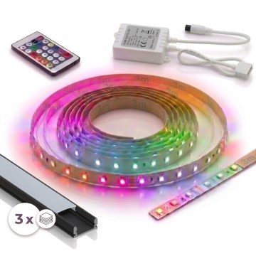 SET 1x RGBW LED traka s mogućnošću prigušivanja DIGITAL LED/9,6W/230V 3 m + 3x ugradbeni profil 1 m crni/bijeli + daljinski upravljač