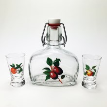 Set 1x staklena boca i 2x čaša za žestice prozirna s motivom voća