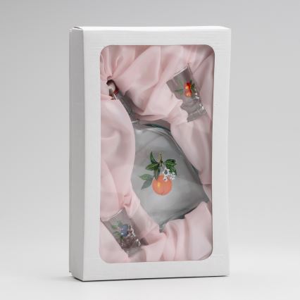 Set 1x staklena boca i 2x čaše za rakiju prozirne s motivom marelice