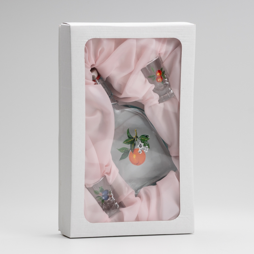 Set 1x staklena boca i 2x čaše za rakiju prozirne s motivom marelice