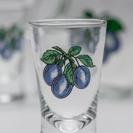 Set 1x velika boca + 2x čaša za žestice prozirna s motivom šljiva