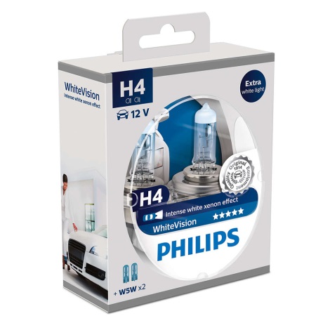SET 2x Auto žarulja Philips WHITEVISION 12342WHVSM H4 PX26d/60W/55W/12V 3700K +2 pozicijske žarulje