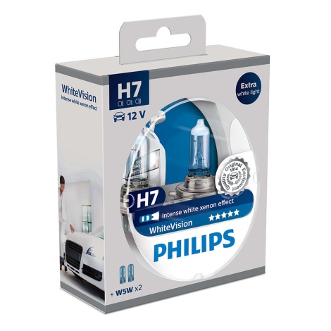 SET 2x Auto žarulja Philips WHITEVISION 12972WHVSM H7 PX26d/55W/12V 3700K + 2 pozicijske žarulje