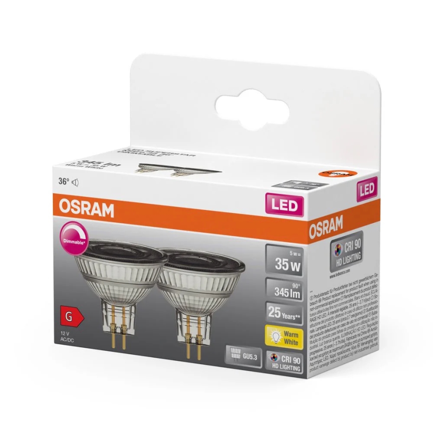 SET 2x LED reflektorska žarulja MR16 GU5,3/5W/12V 2700K 36° CRI 90 s mogućnošću prigušivanja - Osram