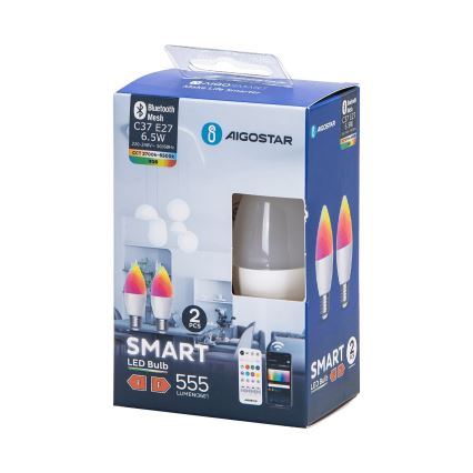 SET 2x LED RGBW Prigušiva žarulja MESH Smart C37 E27/6,5W/230V 2700-6500K + daljinski upravljač - Aigostar