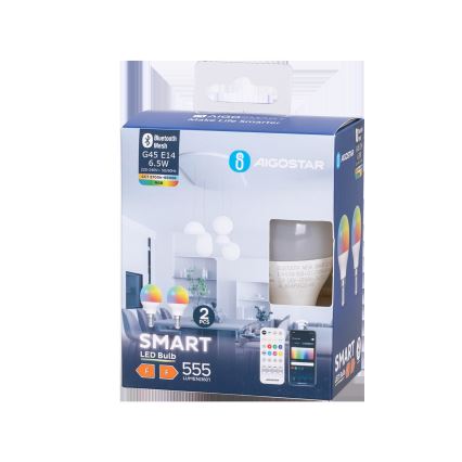 SET 2x LED RGBW Prigušiva žarulja MESH Smart G45 E14/6,5W/230V 2700-6500K + daljinski upravljač - Aigostar