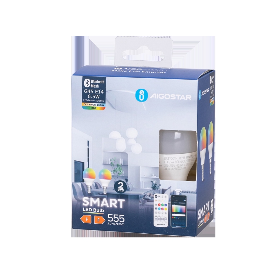 SET 2x LED RGBW Prigušiva žarulja MESH Smart G45 E14/6,5W/230V 2700-6500K + daljinski upravljač - Aigostar