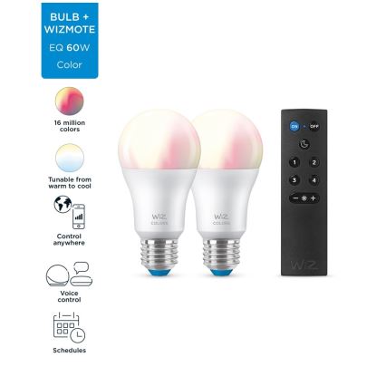 SET 2x LED RGBW Prigušiva žarulja A60 E27/8,5W/230V 2200-6500K Wi-Fi + daljinski upravljač - WiZ