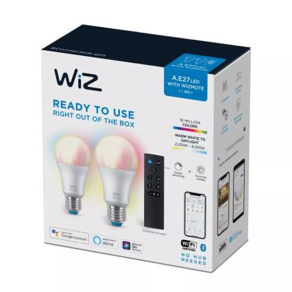 SET 2x LED RGBW Prigušiva žarulja A60 E27/8,5W/230V 2200-6500K Wi-Fi + daljinski upravljač - WiZ