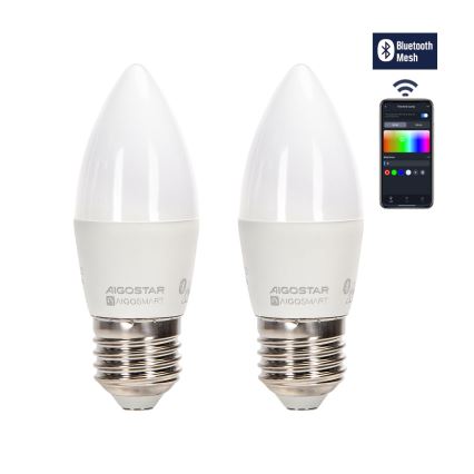 SET 2x LED RGBW Dimmabilna žarulja MESH Smart C37 E27/6,5W/230V 2700-6500K + daljinski upravljač - Aigostar