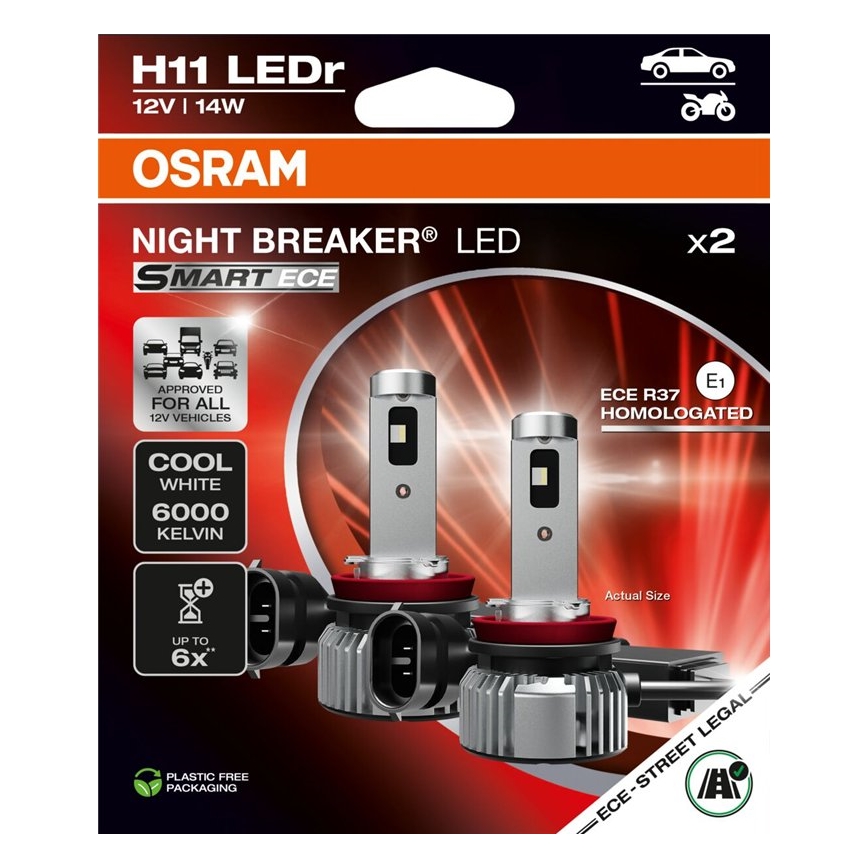 SET 2x LED žarulja za automobil NIGHT BREAKER SMART H11 PGJ19-2/14W/12V 6000K - Osram