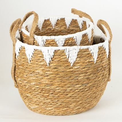 SET 2x Slamnata košara bež/bijela 32x16,5x18/24x23,5x26 cm