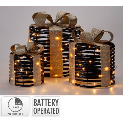 SET 3x LED božićnih dekoracija 20xLED/2xAA + 30xLED/3xAA + 40xLED/3xAA topla bijela pokloni/crna