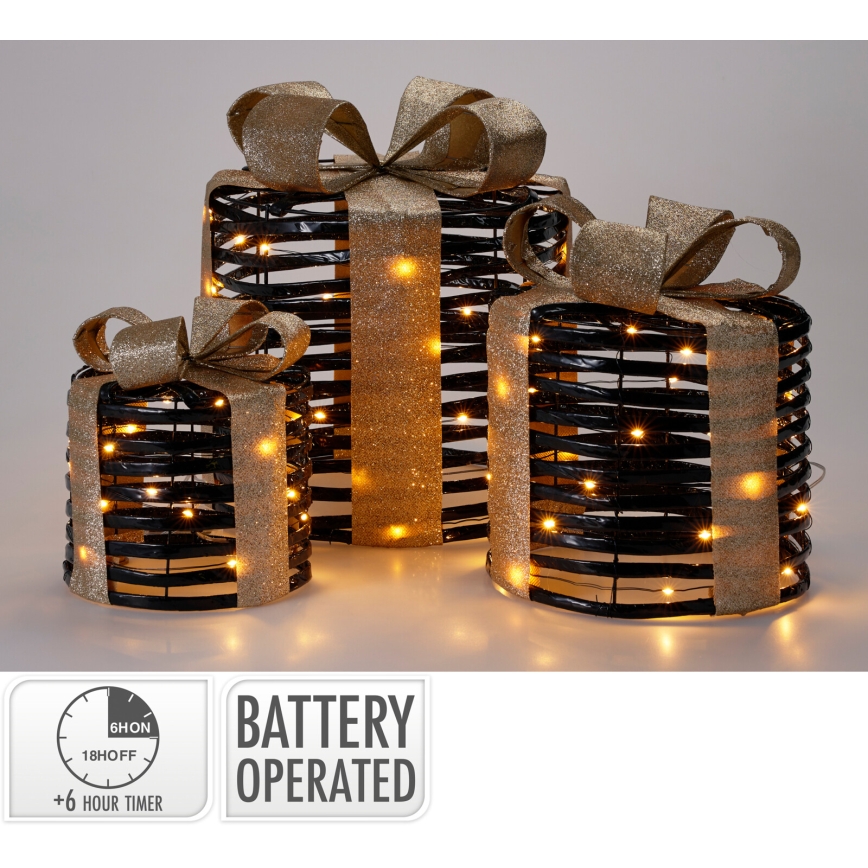 SET 3x LED božićnih dekoracija 20xLED/2xAA + 30xLED/3xAA + 40xLED/3xAA topla bijela pokloni/crna