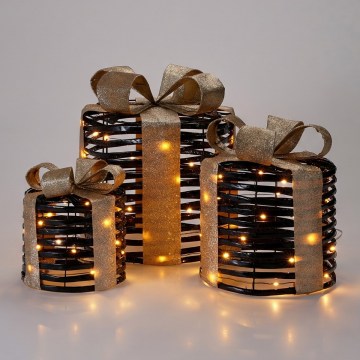SET 3x LED božićnih dekoracija 20xLED/2xAA + 30xLED/3xAA + 40xLED/3xAA topla bijela pokloni/crna