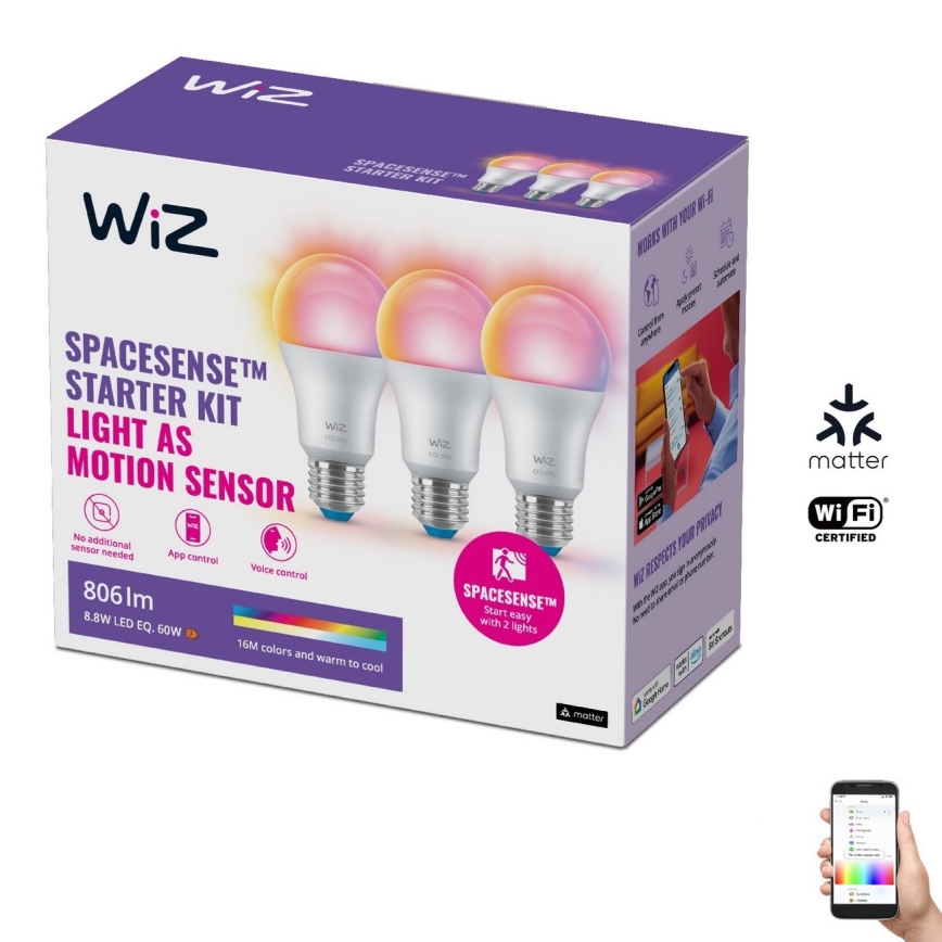 SET 3x LED RGBW Prigušiva žarulja A60 E27/8,8W/230V 2200-6500K Wi-Fi - WiZ