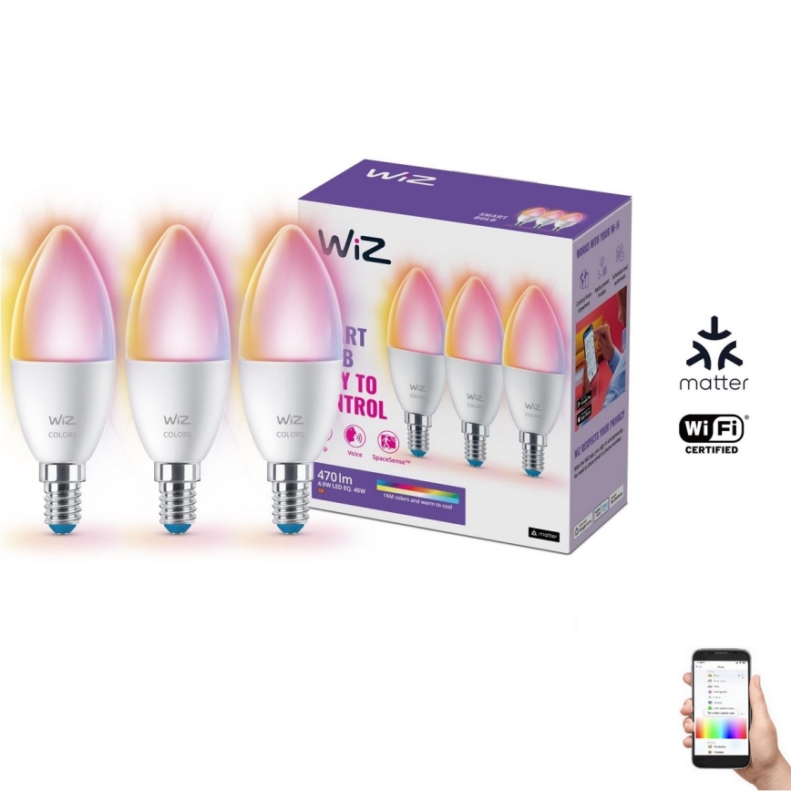 SET 3x LED RGBW Prigušiva žarulja C37 E14/4,9W/230V 2200-6500K CRI 90 Wi-Fi - WiZ