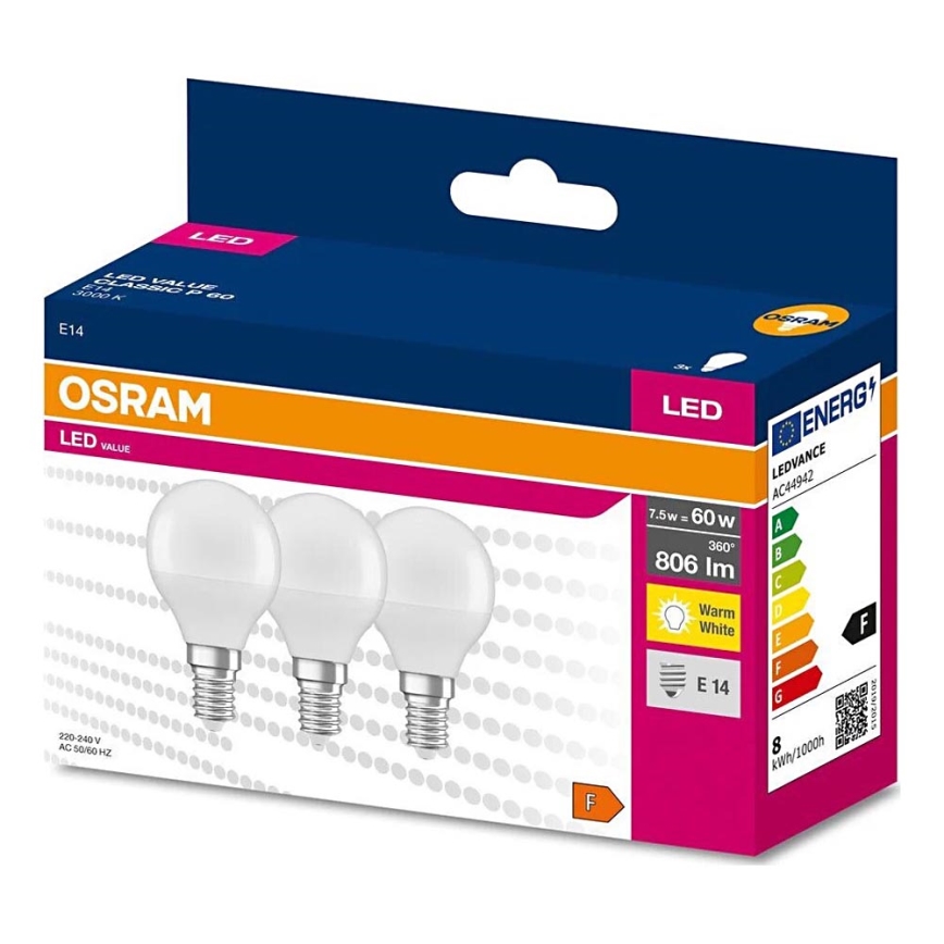 SET 3x LED Žarulja P45 E14/7,5W/230V 3000K - Osram