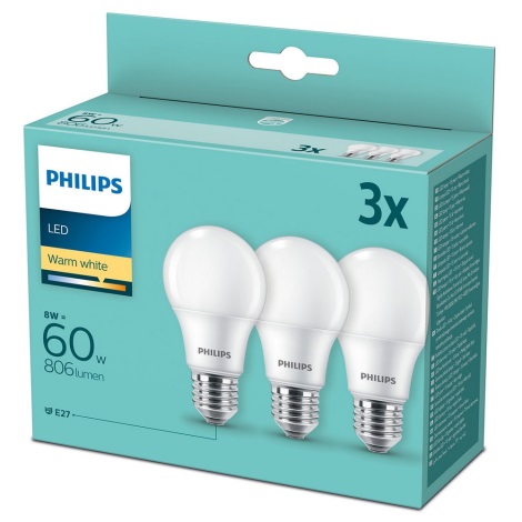 SET 3x LED Žarulja Philips A60 E27/8W/230V 2700K